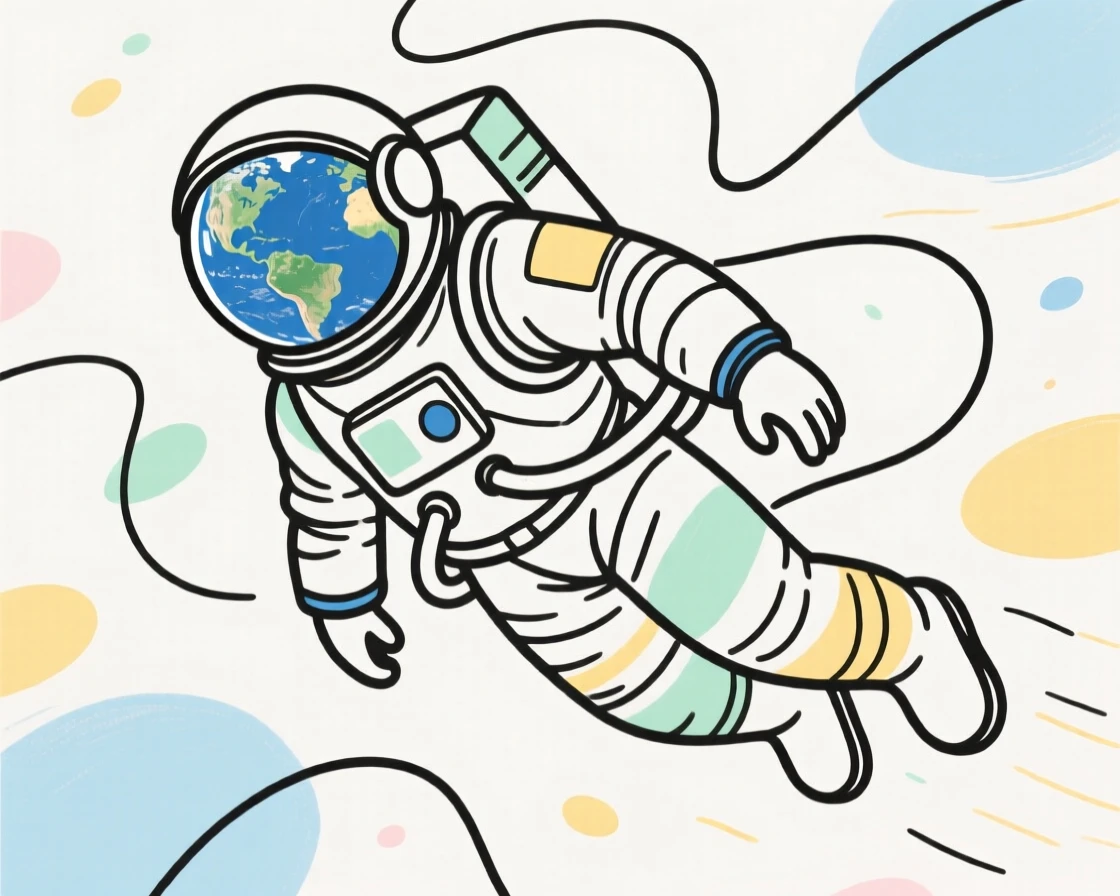 An astronaut floating peacefully with Earth reflected in their helmet visor.