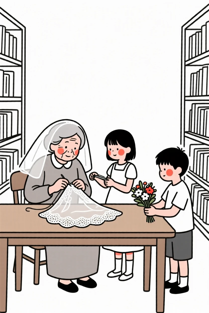 A grandmother and grandchildren preparing for a wedding day, in a quiet library.