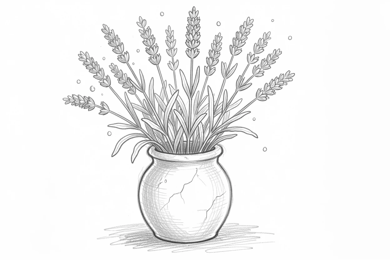 A bunch of dried lavender in a rustic ceramic vase, with dew still fresh from morning.
