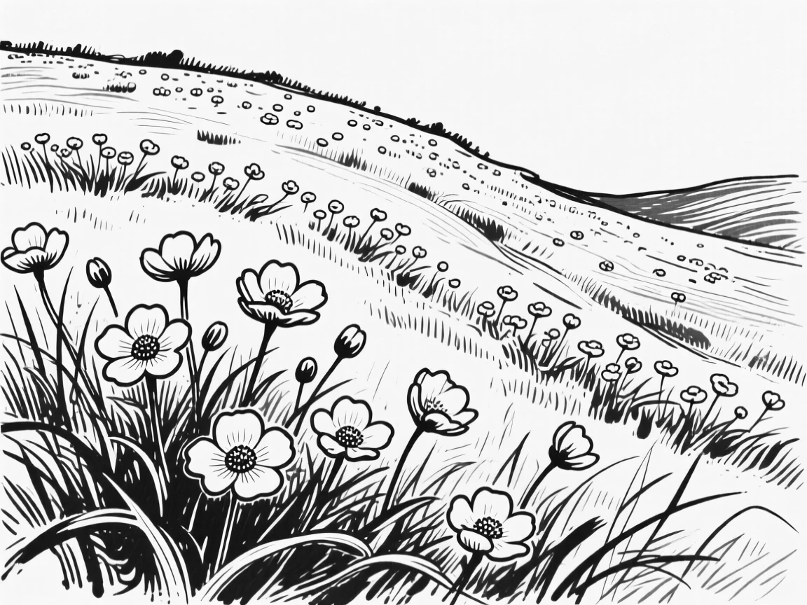 A field of buttercups scattered across a sunny hillside.