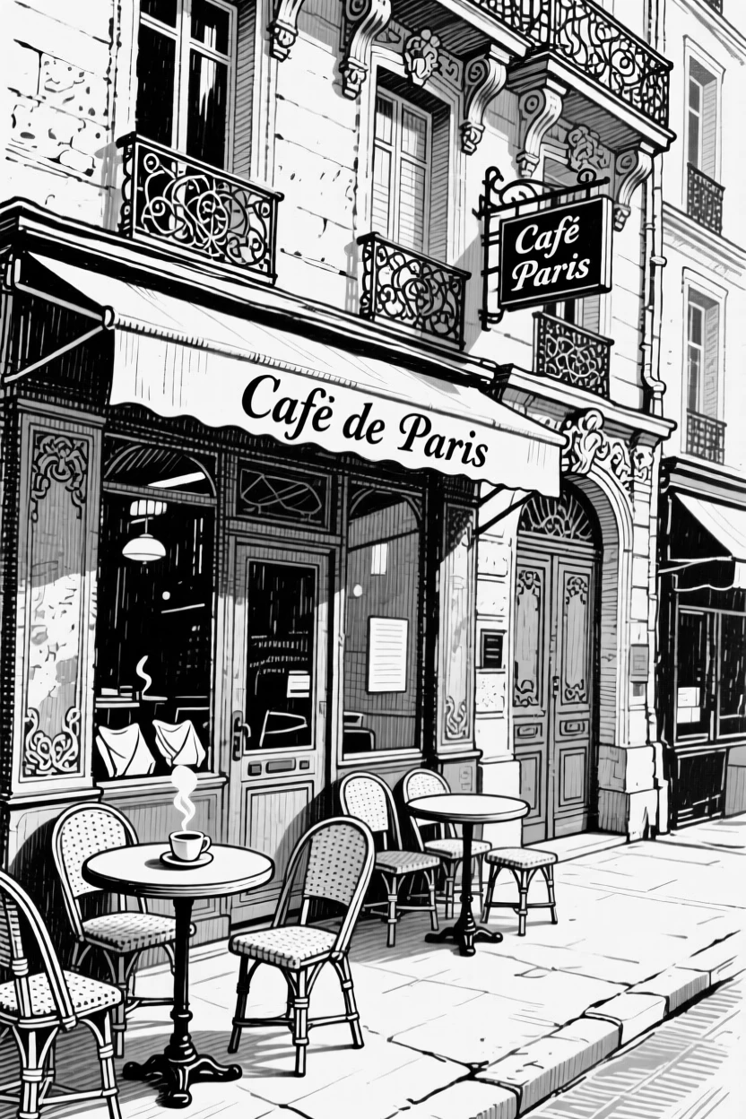 A parisian street cafe on a quiet early morning, featuring ornate carvings along the facade, rendered in a timeless and grand architectural composition.