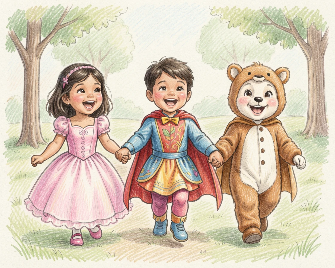Children dressed up for a costume parade holding hands, full of genuine laughter and playful energy, celebrating the simple magic of everyday family moments.