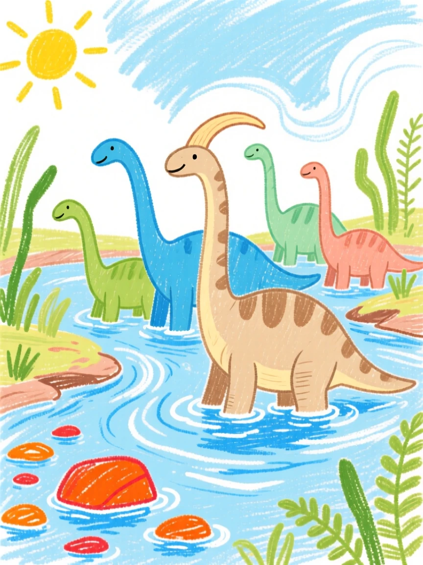 A Parasaurolophus herd wading through a shallow prehistoric river.