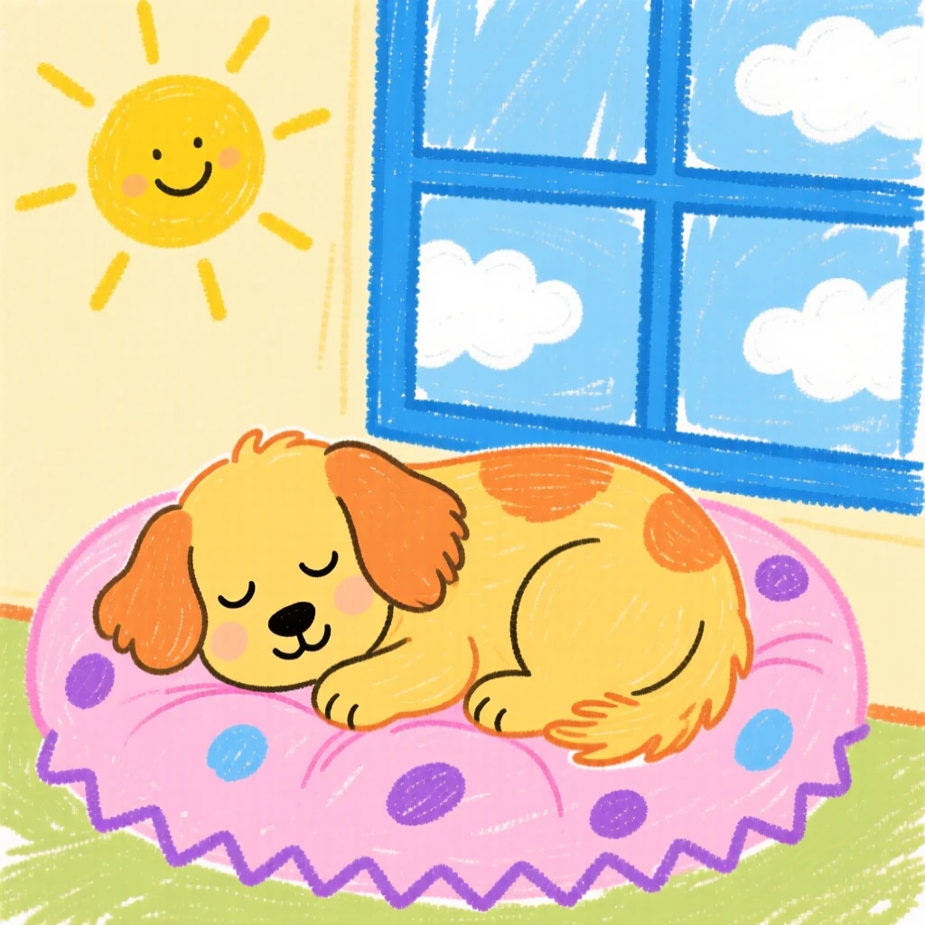 A golden retriever puppy curled up asleep on a soft cushion by the window.