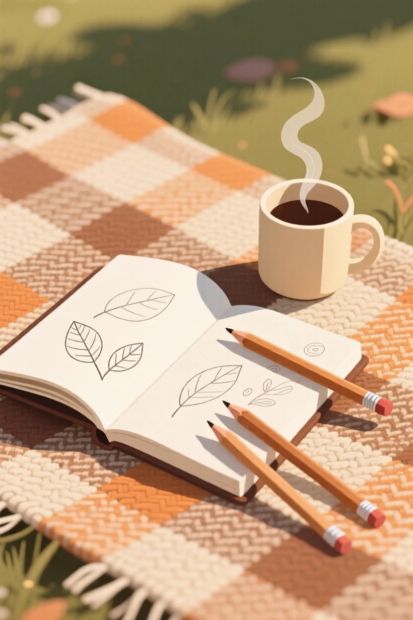 A workspace with a sketchbook, pencils, and a warm mug of tea, placed on a woven picnic blanket outdoors, framed closely to highlight comforting small details, with subtle steam rising to add a warm, lived-in feel.