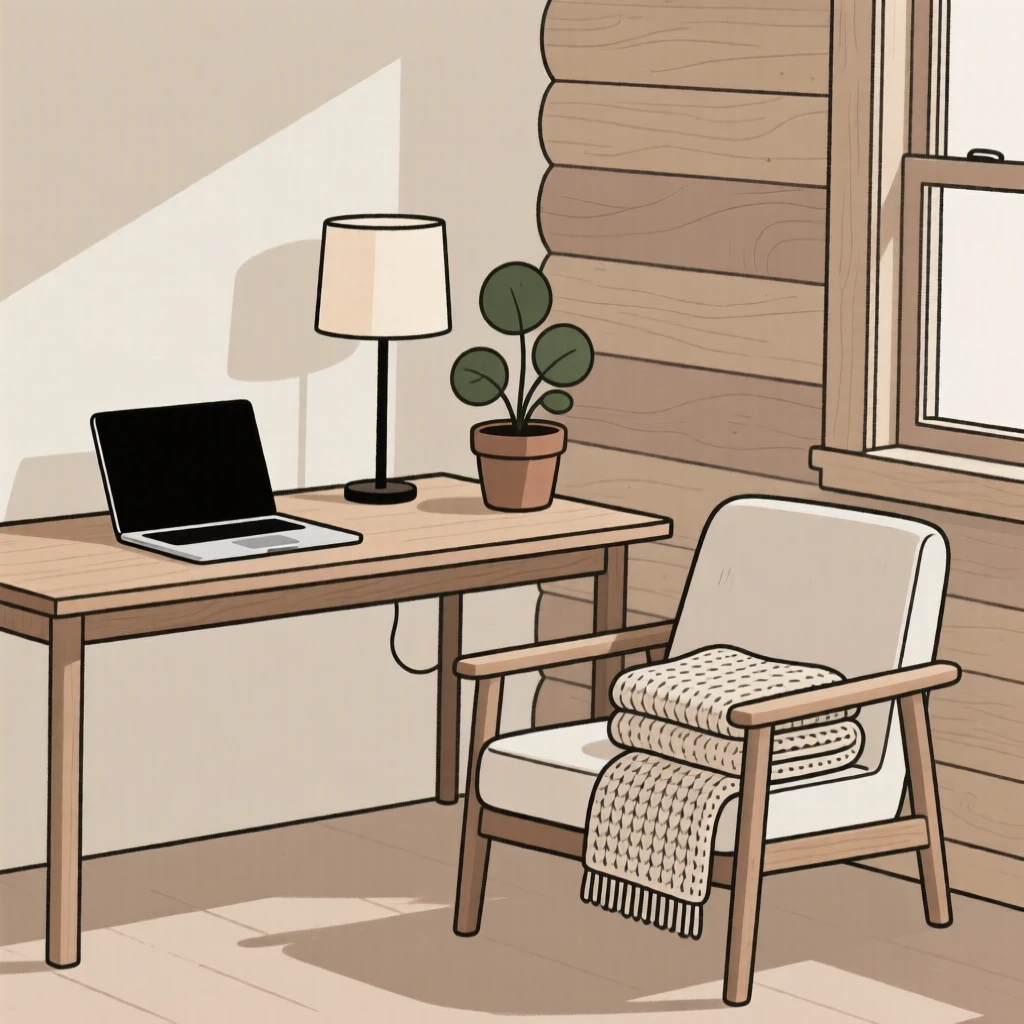 A tidy home office corner arranged near a knitted throw in a cabin retreat, expressing mindful presence.