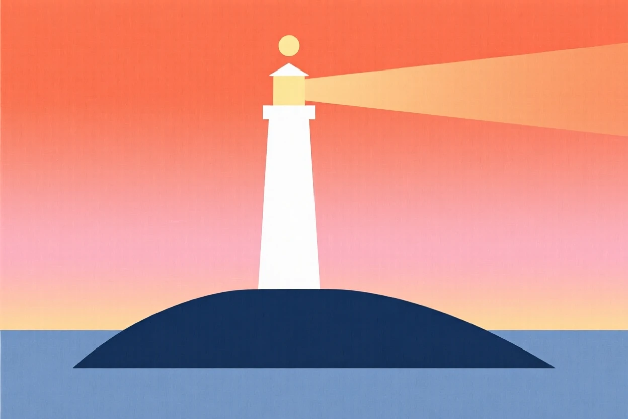 A remote island lighthouse at sunset