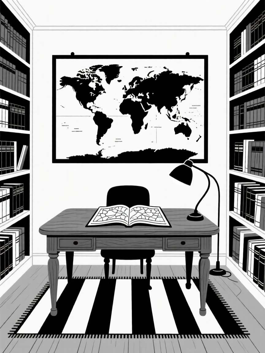A quiet study filled with maps and old books.