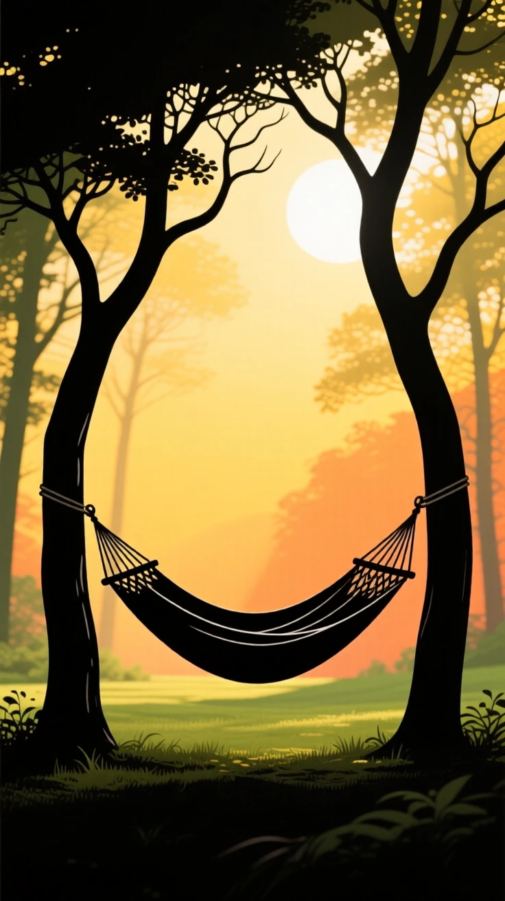 A hammock strung between two trees swaying gently in a quiet, sunlit clearing.