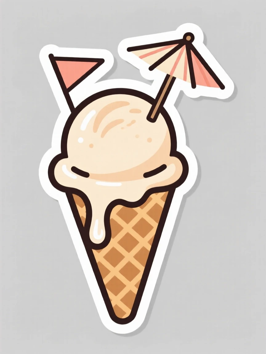 A freshly made scoop of melting ice cream on a cone, with a small flag or umbrella decoration on top, during a relaxing afternoon tea break.