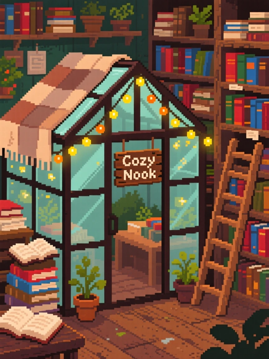 A garden greenhouse covered in blankets and fairy lights, within a cluttered but charming bookshop.
