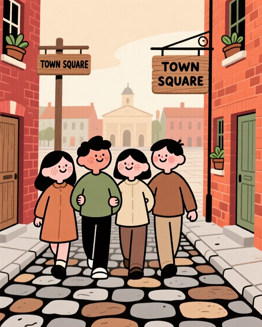 A group of friends link arms and walk down a cobblestone street lined with old brick buildings, heading toward the town square.