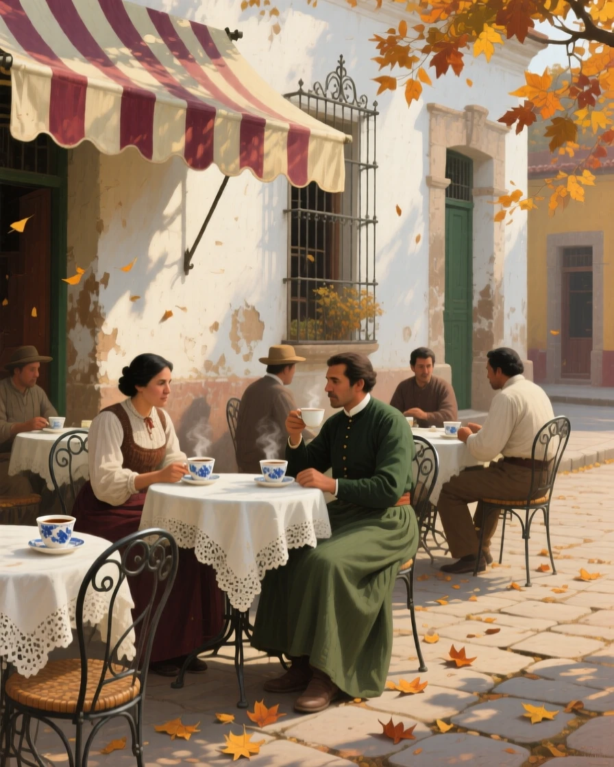 An intimate close-up of an outdoor café where patrons sip coffee beneath striped awnings, in colonial Mexico, as autumn leaves turn gold.