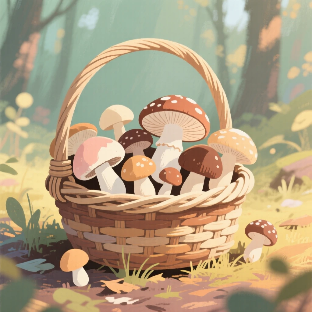 A woven basket of fresh mushrooms gathered from the forest