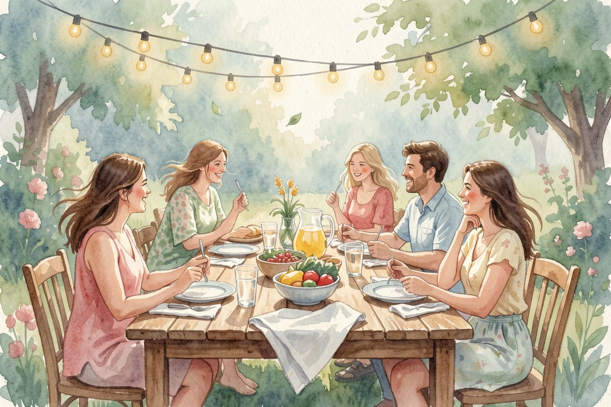 Friends sharing a meal at a long outdoor table strung with lights with a gentle breeze and soft afternoon light.