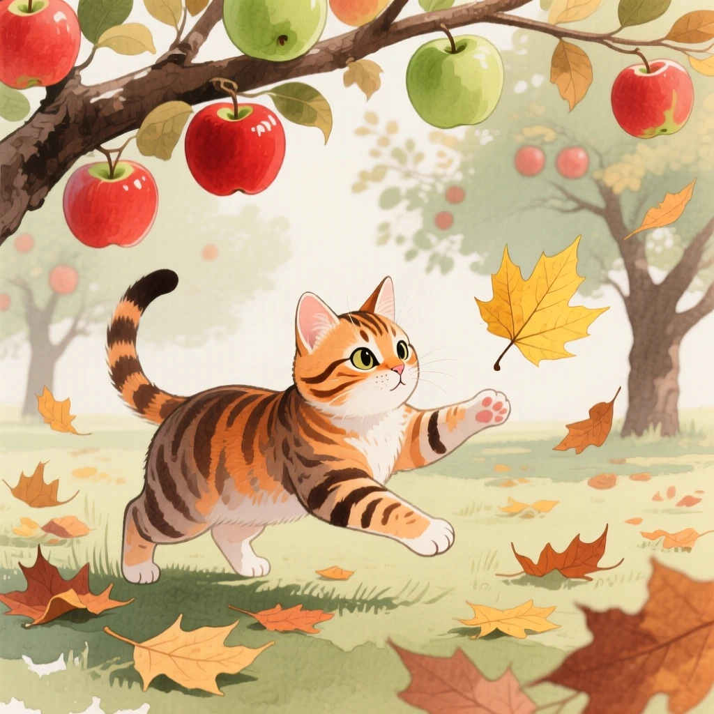 A tabby kitten chases a fluttering leaf in an orchard heavy with fruit, as autumn leaves swirl around