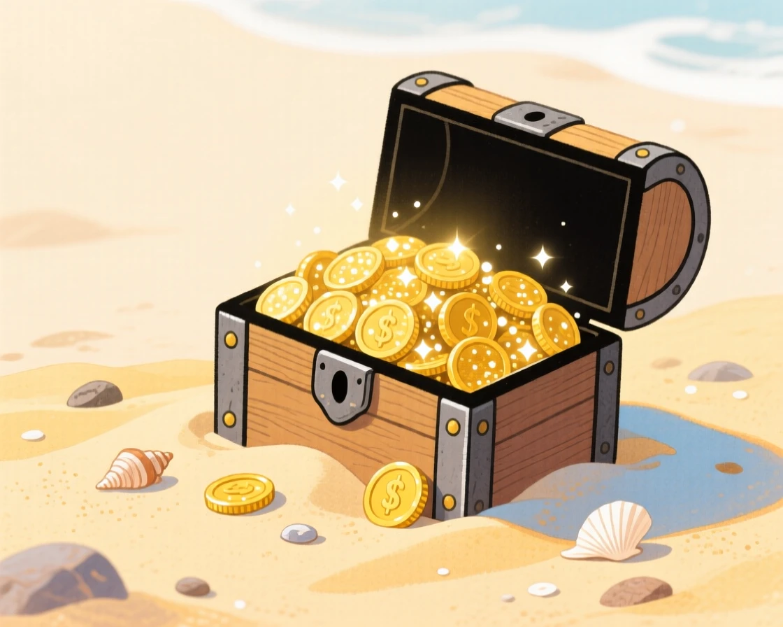 A chest of glittering gold coins half-buried in sand, full of mystery and excitement.