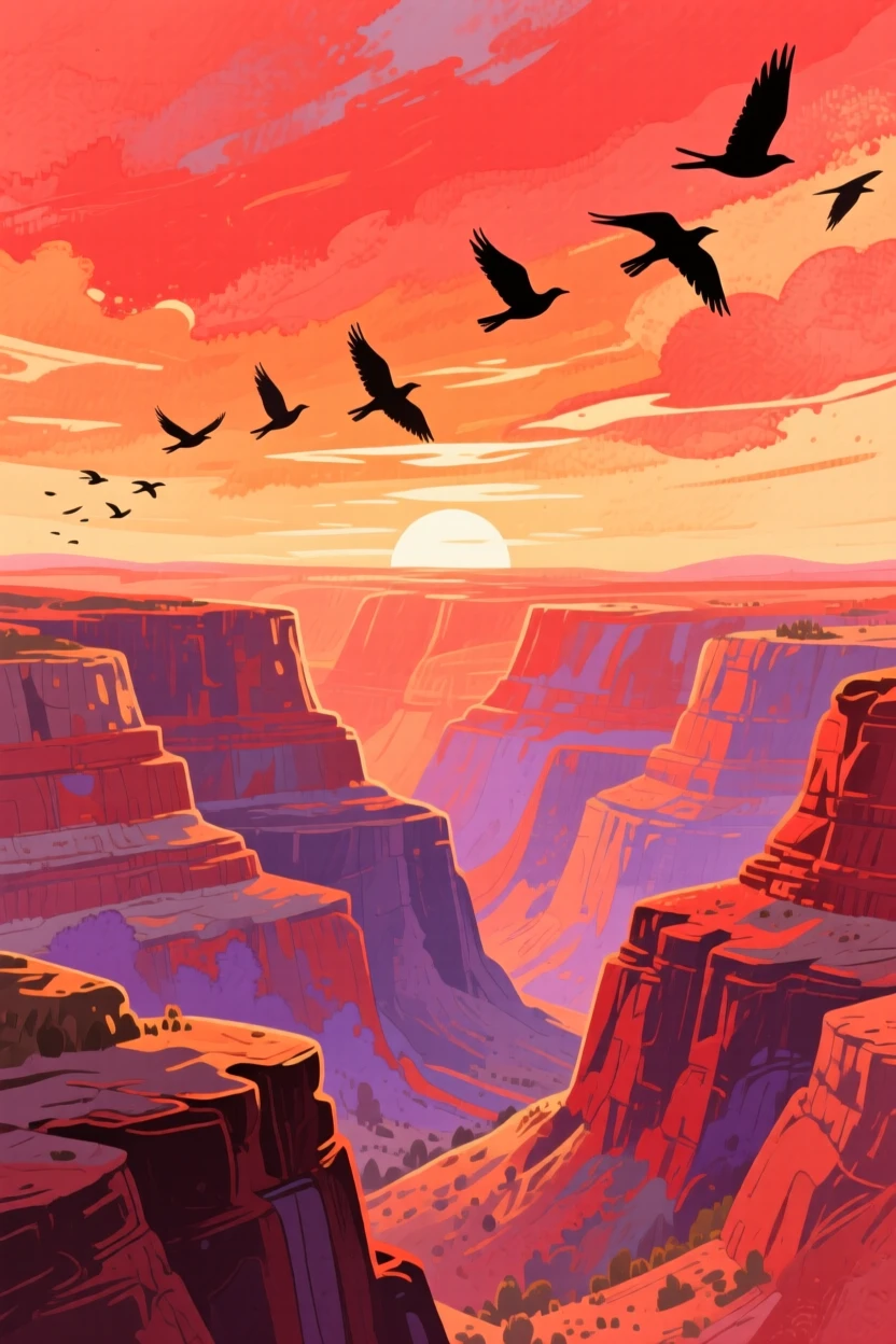 A canyon glowing orange and red at sunset, with a flock of birds silhouetted against the sky, inspiring a sense of calm and wonder.
