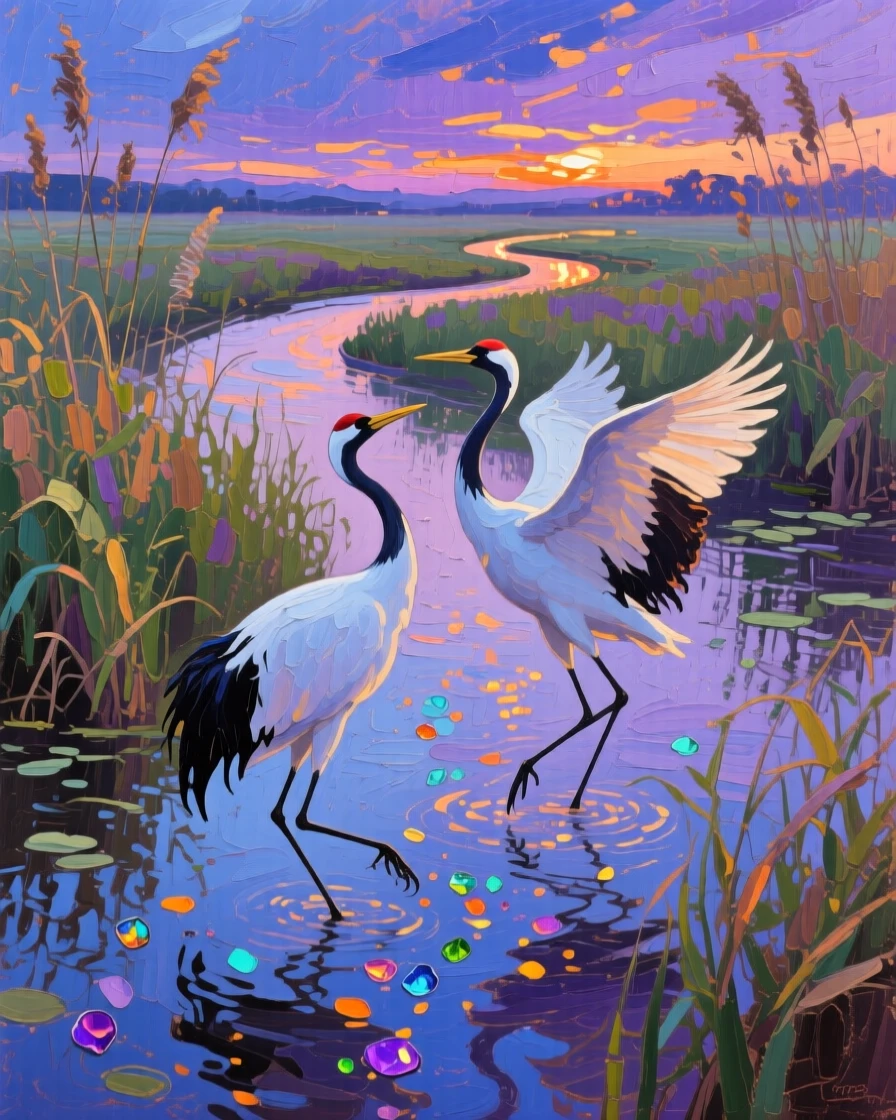 two cranes dancing in a marsh, at twilight, composed along a natural leading line.