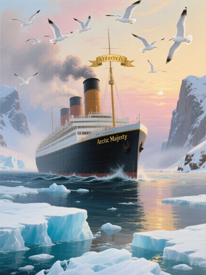 An ocean liner cuts through icy waters at a quiet cove at first light as gulls circle overhead.