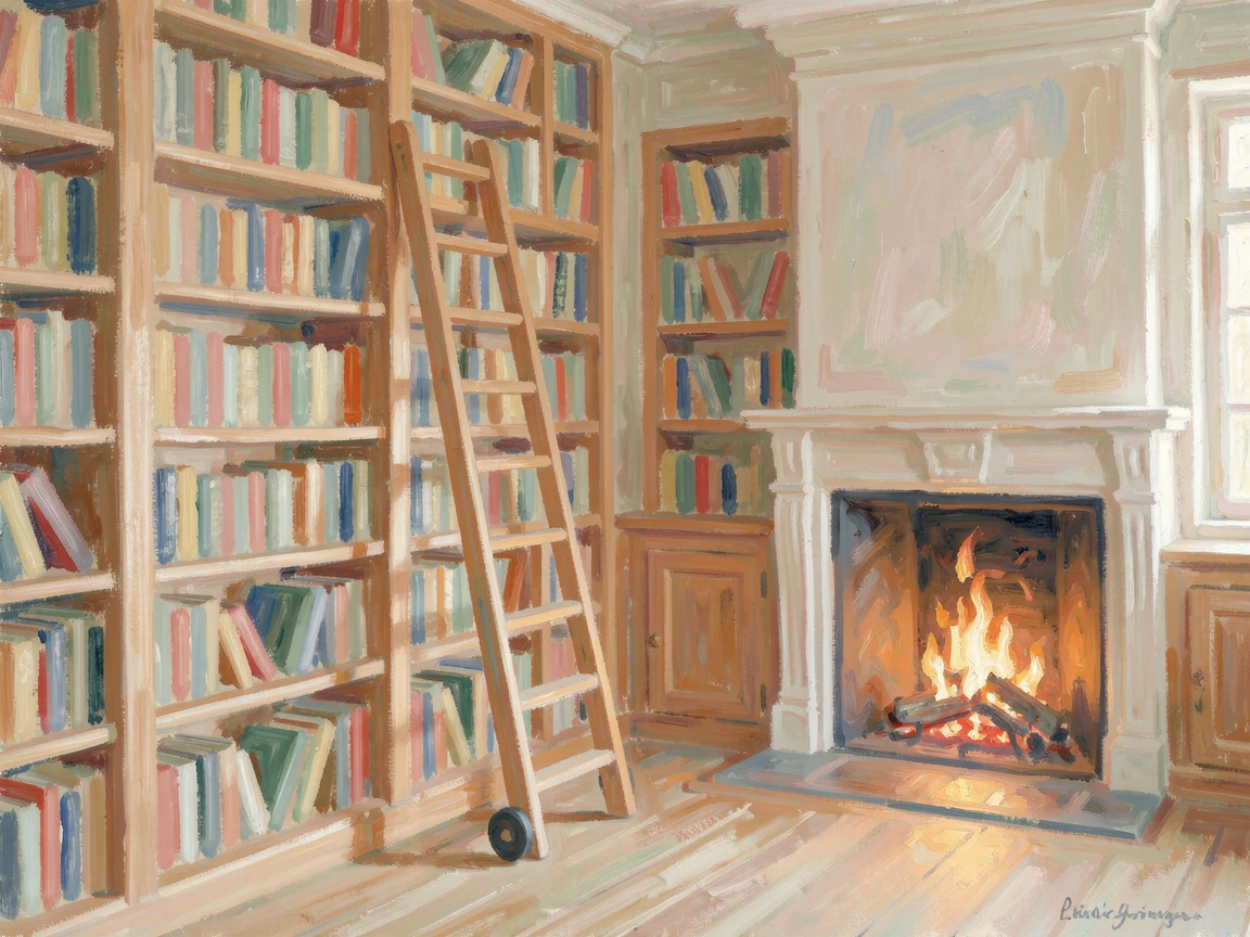 A cozy library with towering bookshelves, a rolling ladder, and a fireplace crackling in the corner.