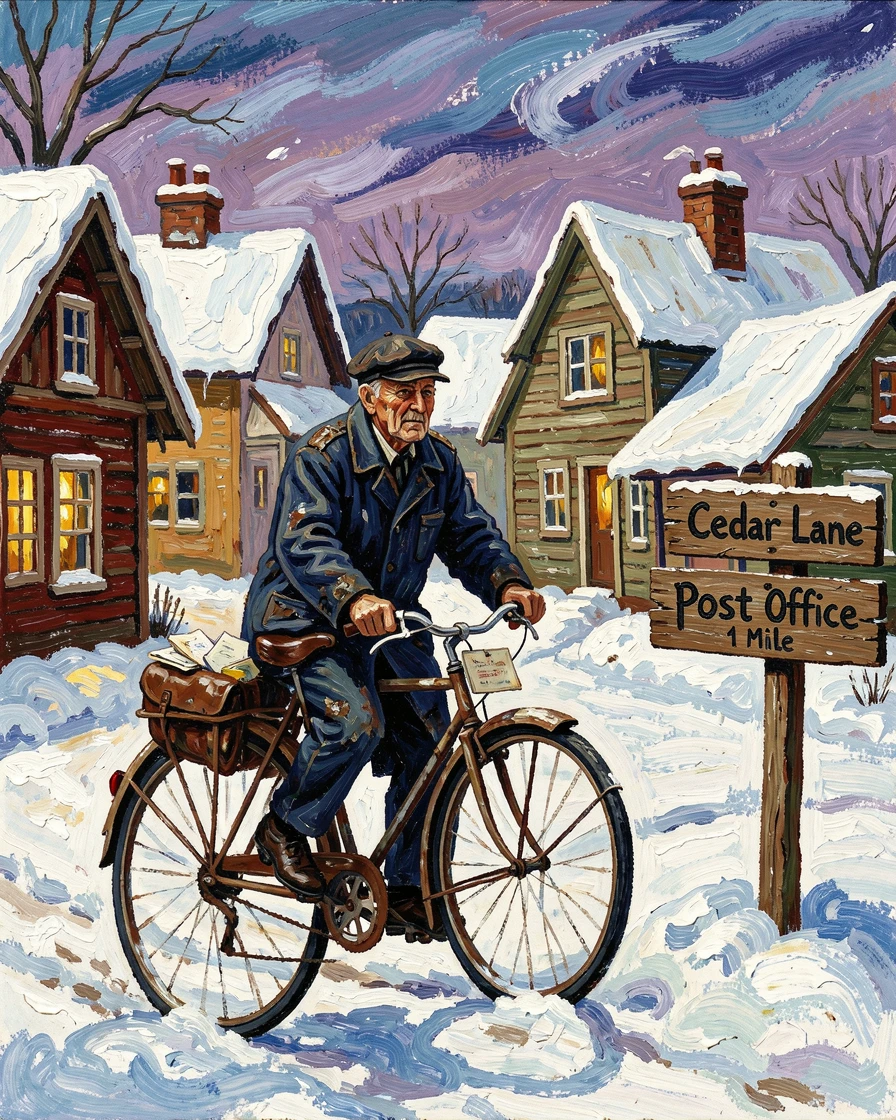 A weathered postman delivering letters on a bicycle through a quiet snowy village.