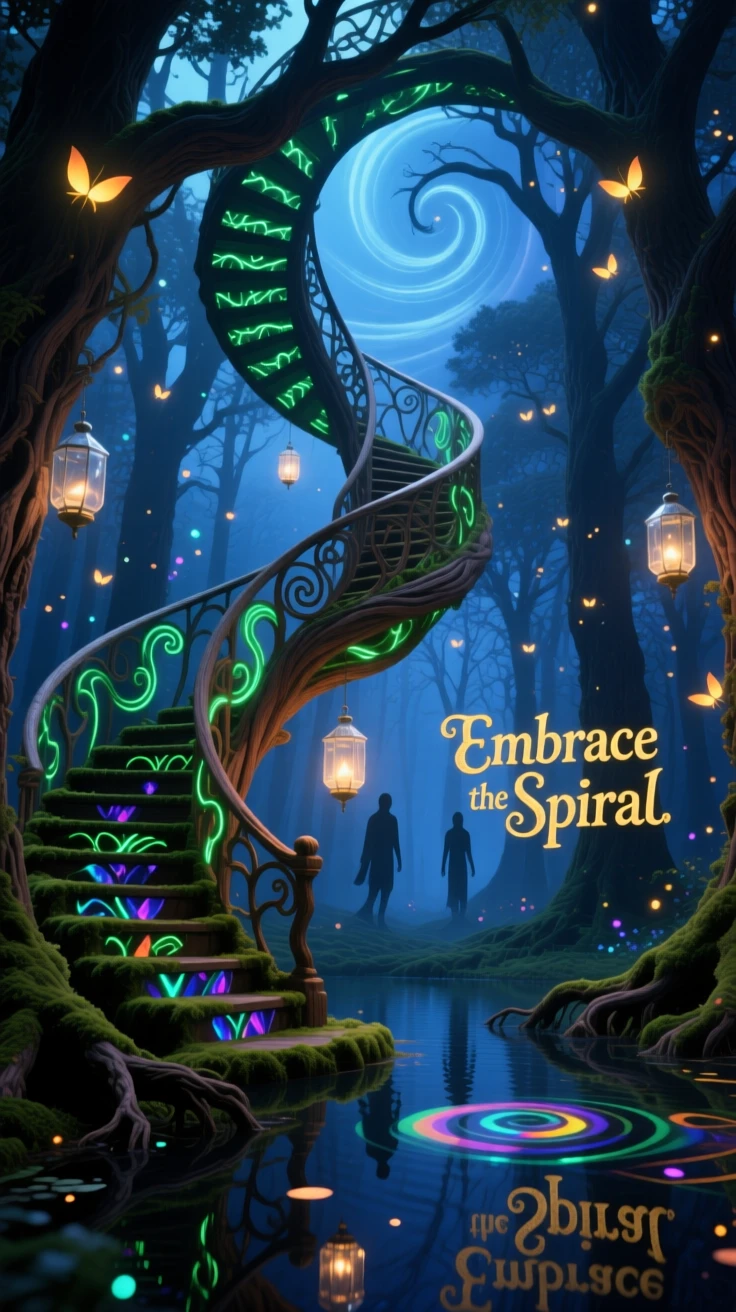 A forest where every tree trunk is a spiral staircase seems to breathe slowly in and out with the wind, as fireflies drift like scattered stars through the air.