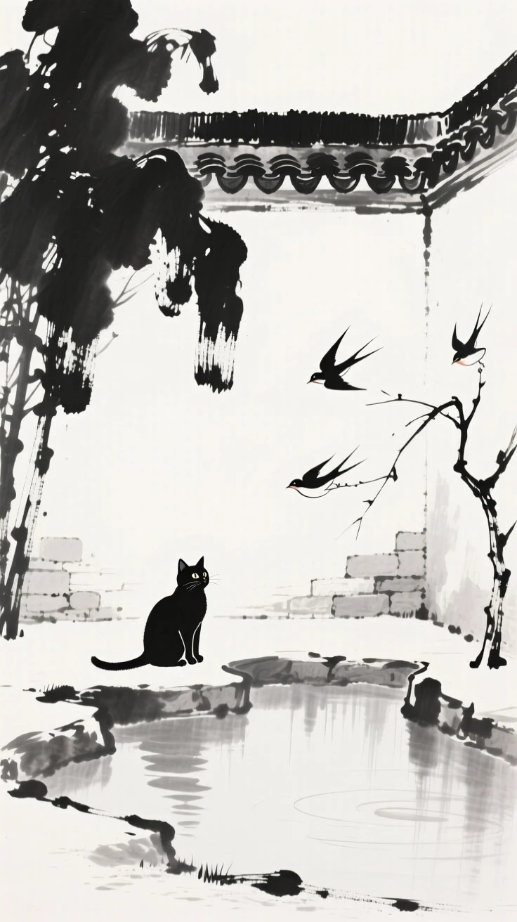A cat watches birds from atop a garden wall, beside a small pond in a walled garden.