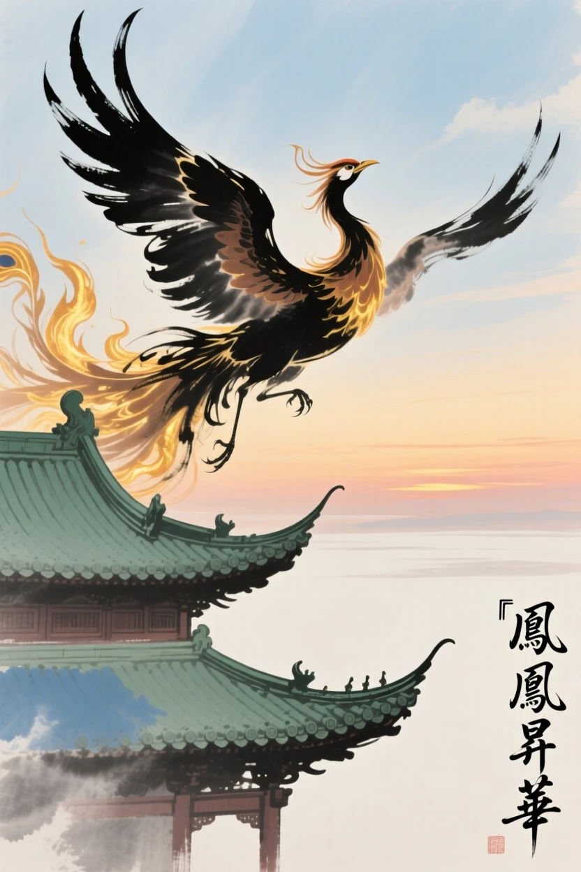 A phoenix rising in flames of golden light above an ancient temple roof, at dusk, brimming with peaceful contentment.