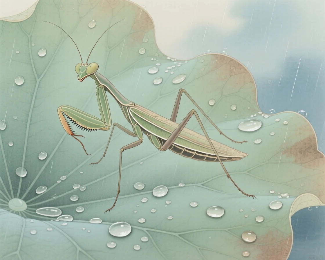 A praying mantis on a lotus leaf after summer rain