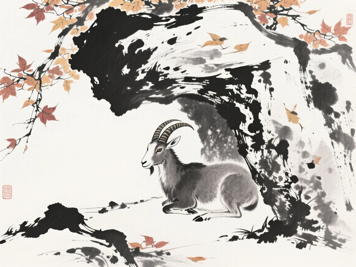 A mountain goat sheltering beneath overhanging rock beneath a canopy of autumn leaves, seen from a respectful distance within its natural surroundings, carrying a sense of quiet dignity and wildness.