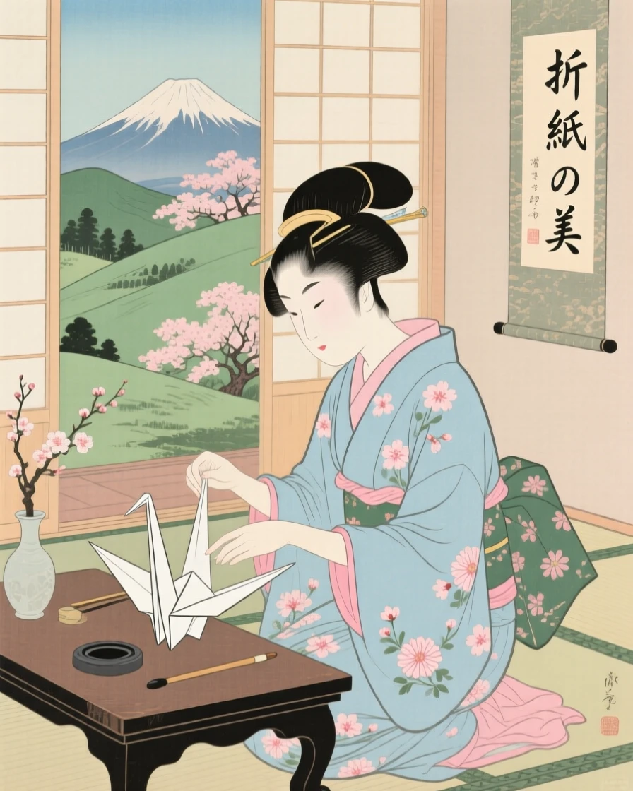 An origami artist folding a delicate paper crane.