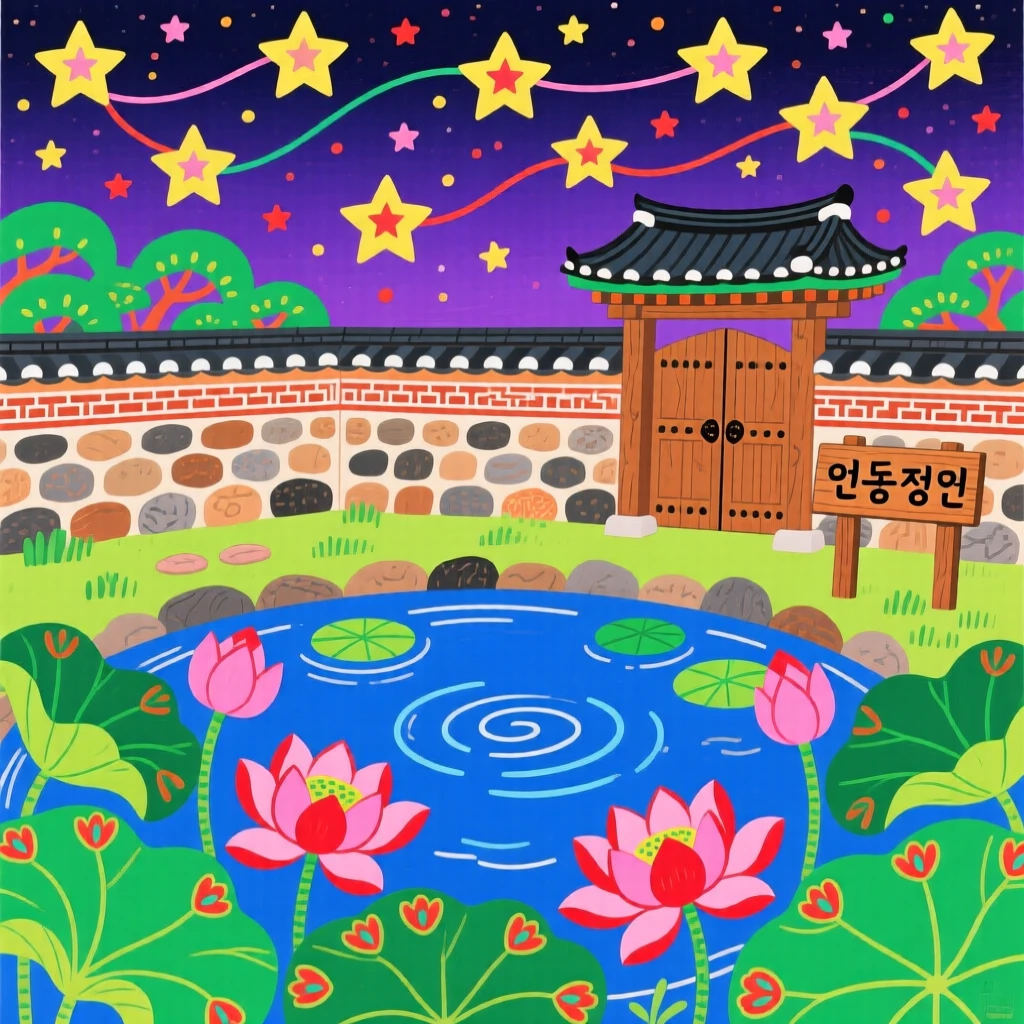 A view of a walled garden with a lotus pond, beneath a sky full of stars.