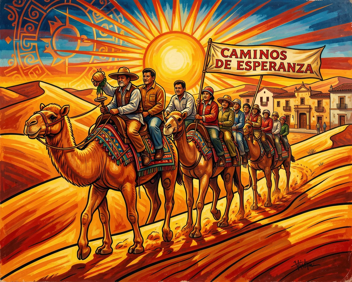 A camel trek crossing golden dunes at sunrise