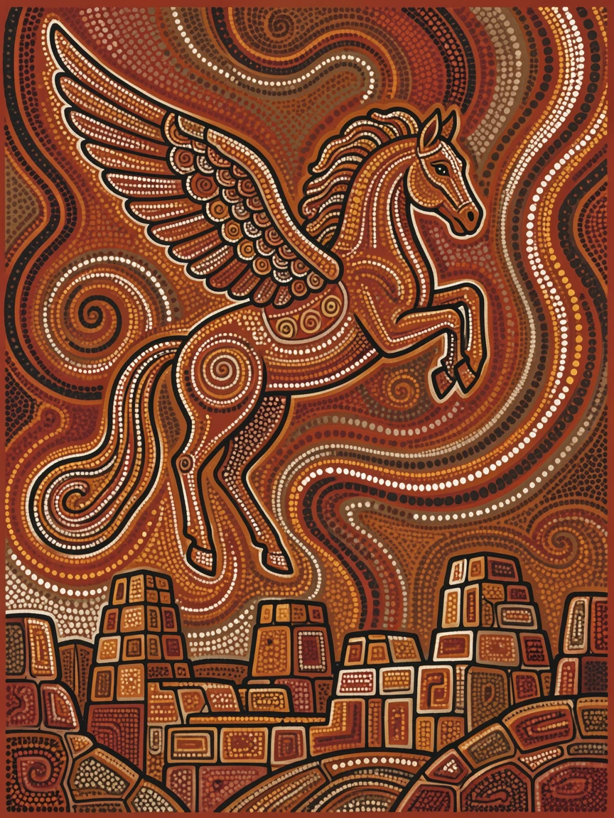 A pegasus rising above ancient ruins