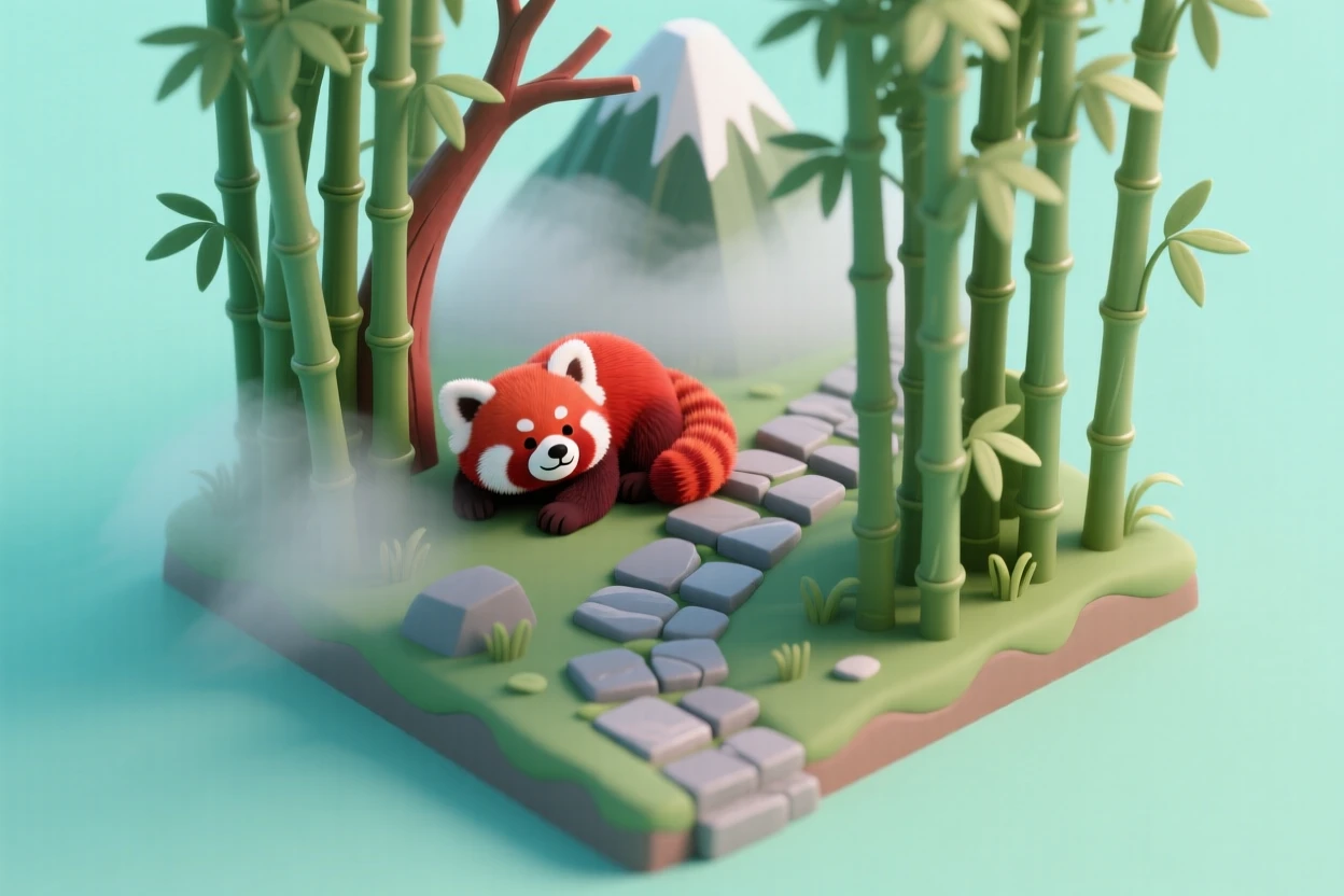 A misty mountain bamboo forest with a narrow stone path winding upward, and a red panda resting in the branches above.