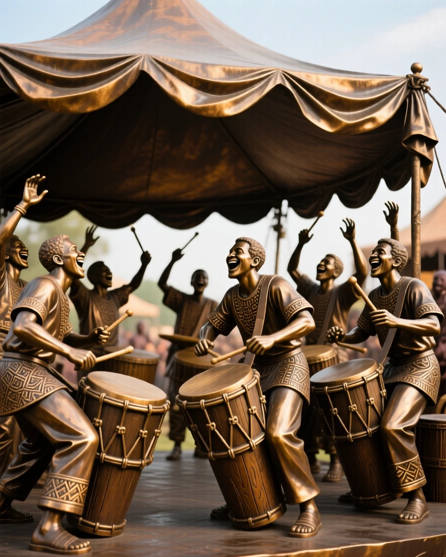 A group of drummers performing beneath a festival canopy, filled with warmth, color, and joy, celebrating shared human joy