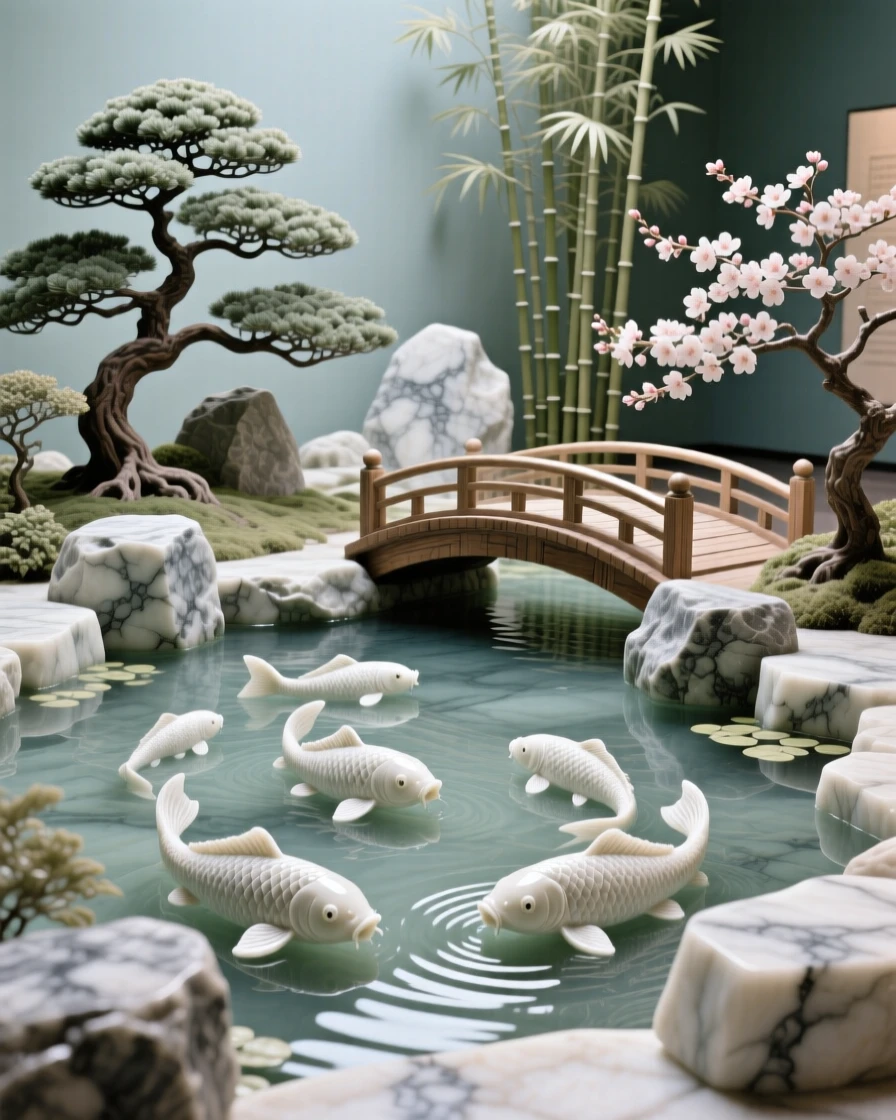 A breathtaking view of a tranquil Japanese garden with koi pond, rich with color and atmosphere, evoking peace and wonder