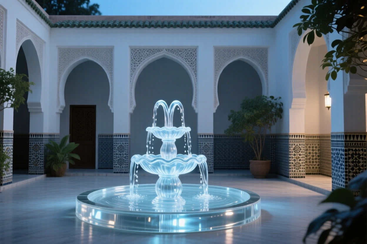 A Moroccan riad courtyard with a central fountain at blue hour with soft ambient lighting beginning to glow, reflections shimmering nearby, evoking timeless elegance.