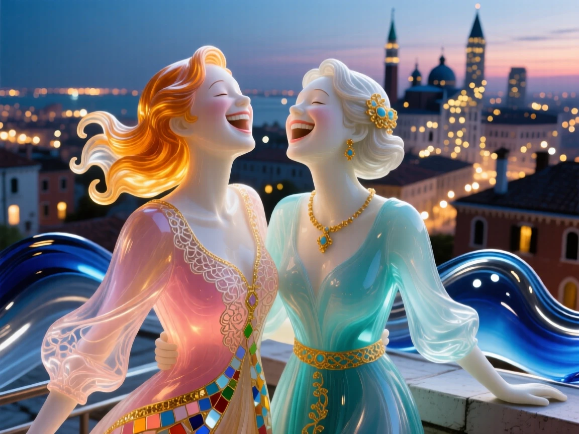 Two best friends laughing together on a rooftop overlooking a glittering city, joyful and warm.