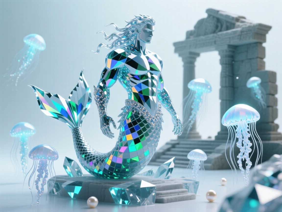 A merman guarding an underwater temple ruin surrounded by glowing jellyfish.