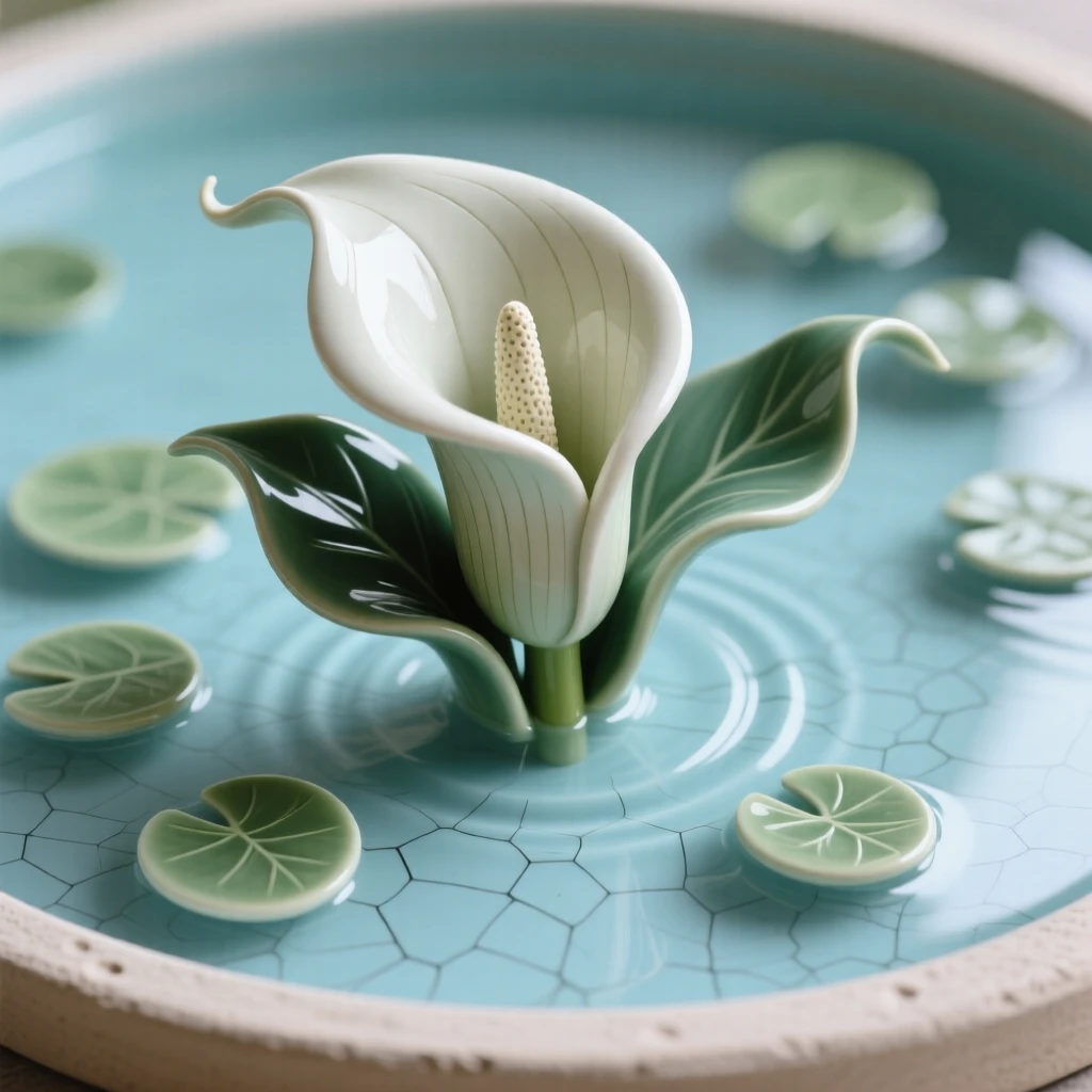 An elegant calla lily curved gracefully resting delicately atop still water, framed by a scattering of small leaves, radiating freshness and natural elegance.
