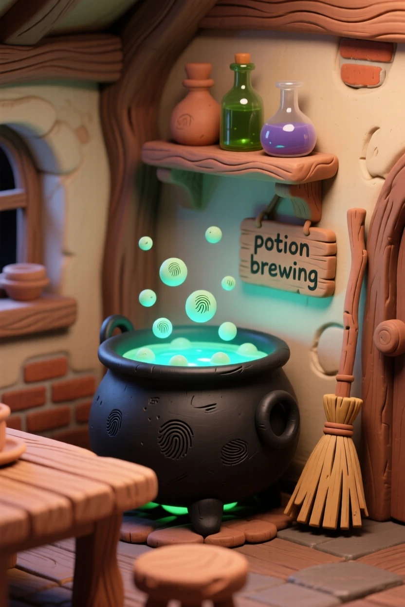 A witch's cauldron bubbling with glowing potion in a cozy cottage