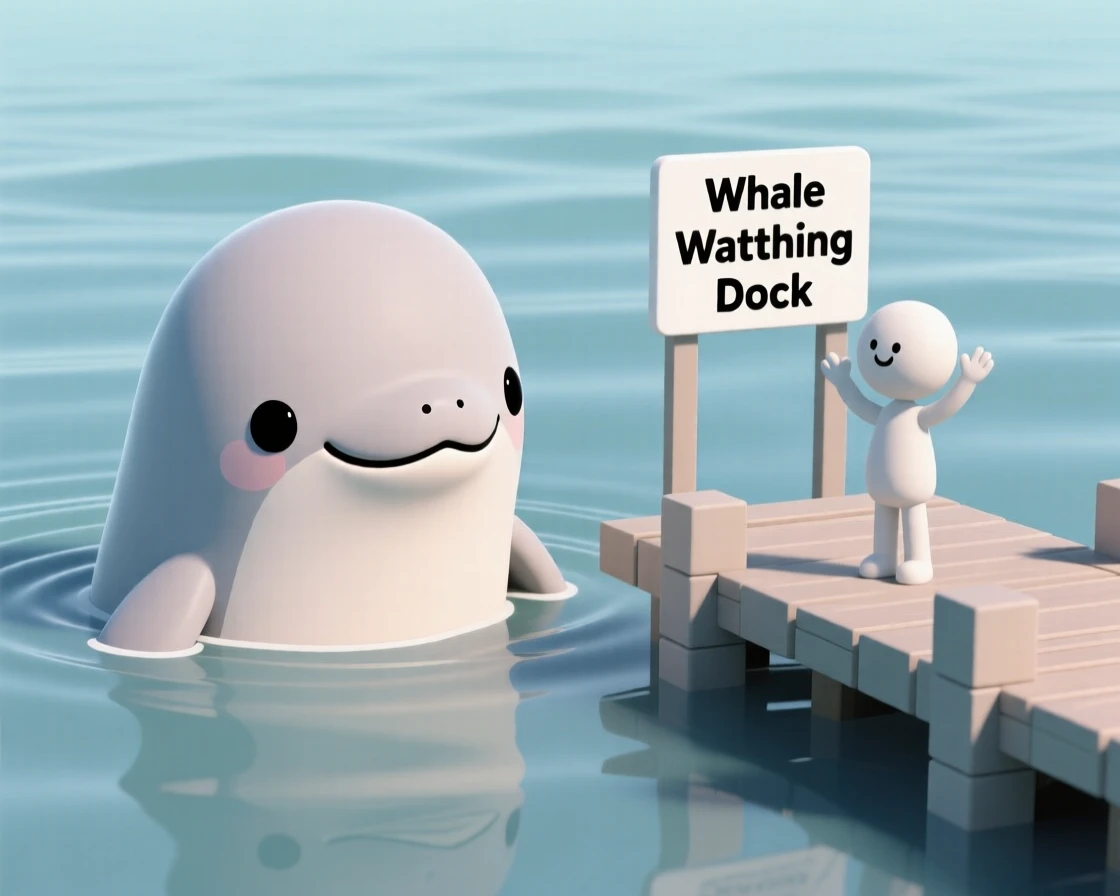 A playful beluga whale bobs its round head above the water, seeming to smile at onlookers on a dock.