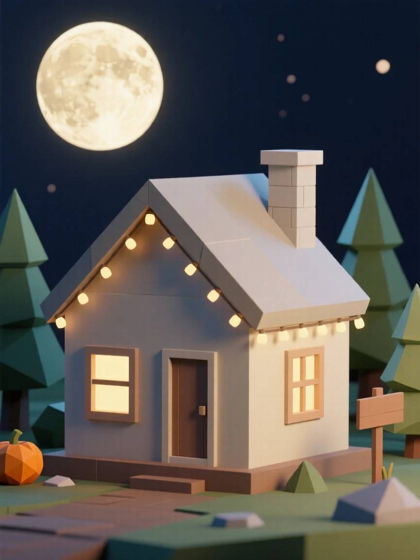 A cozy cabin glowing with warm holiday lights, beneath a full harvest moon. small charming details enrich the festive setting. The atmosphere radiates warmth and cheer.