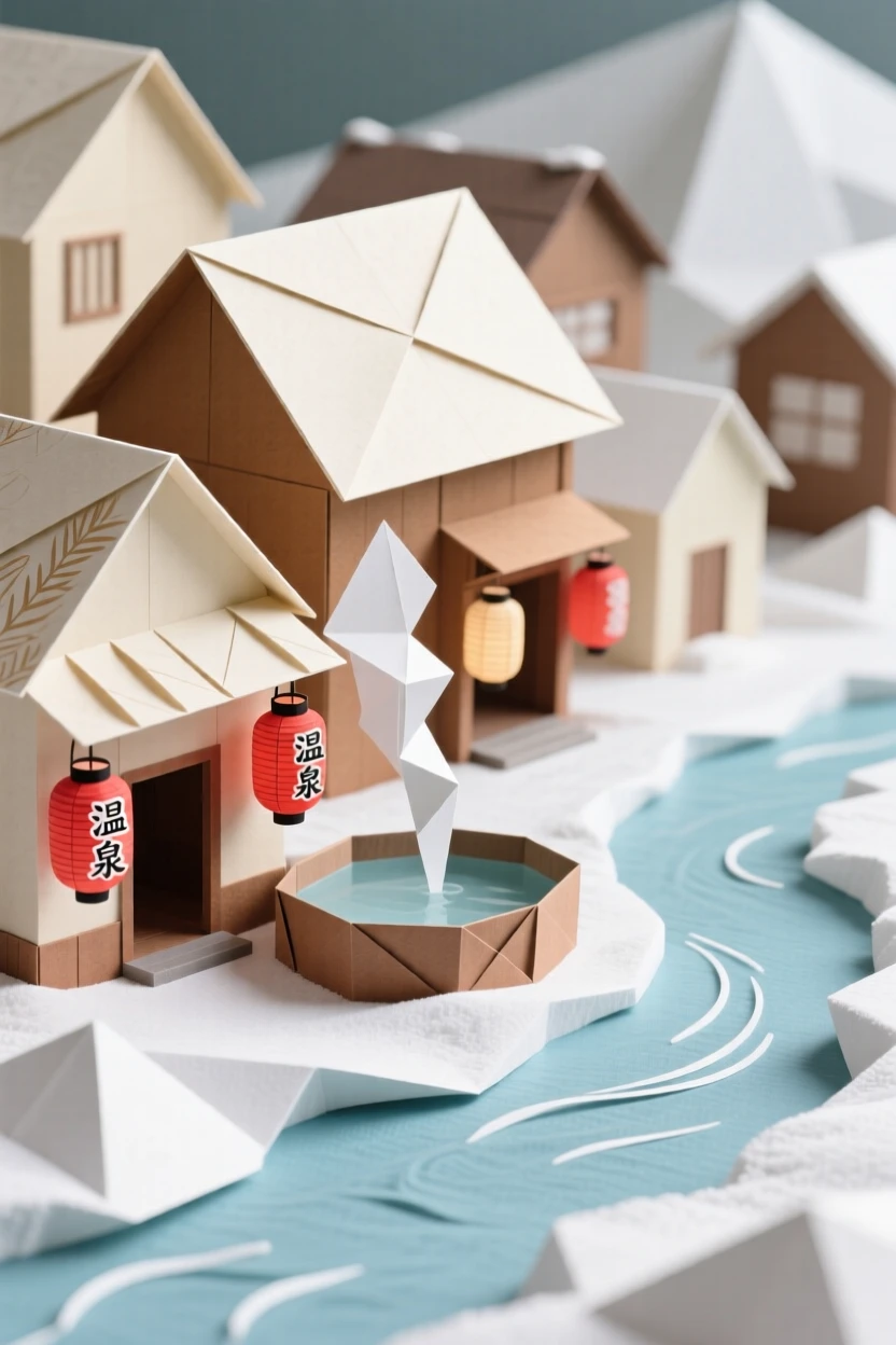 A traditional Japanese onsen town with steaming hot spring baths beside a snowy river.