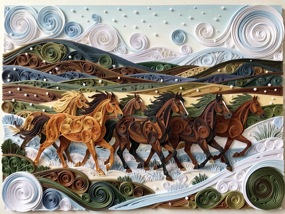 A striking wildlife scene of a herd of wild horses galloping across an open plain across an open, sweeping natural landscape, surrounded by softly falling snow, captured mid-action with dynamic movement.