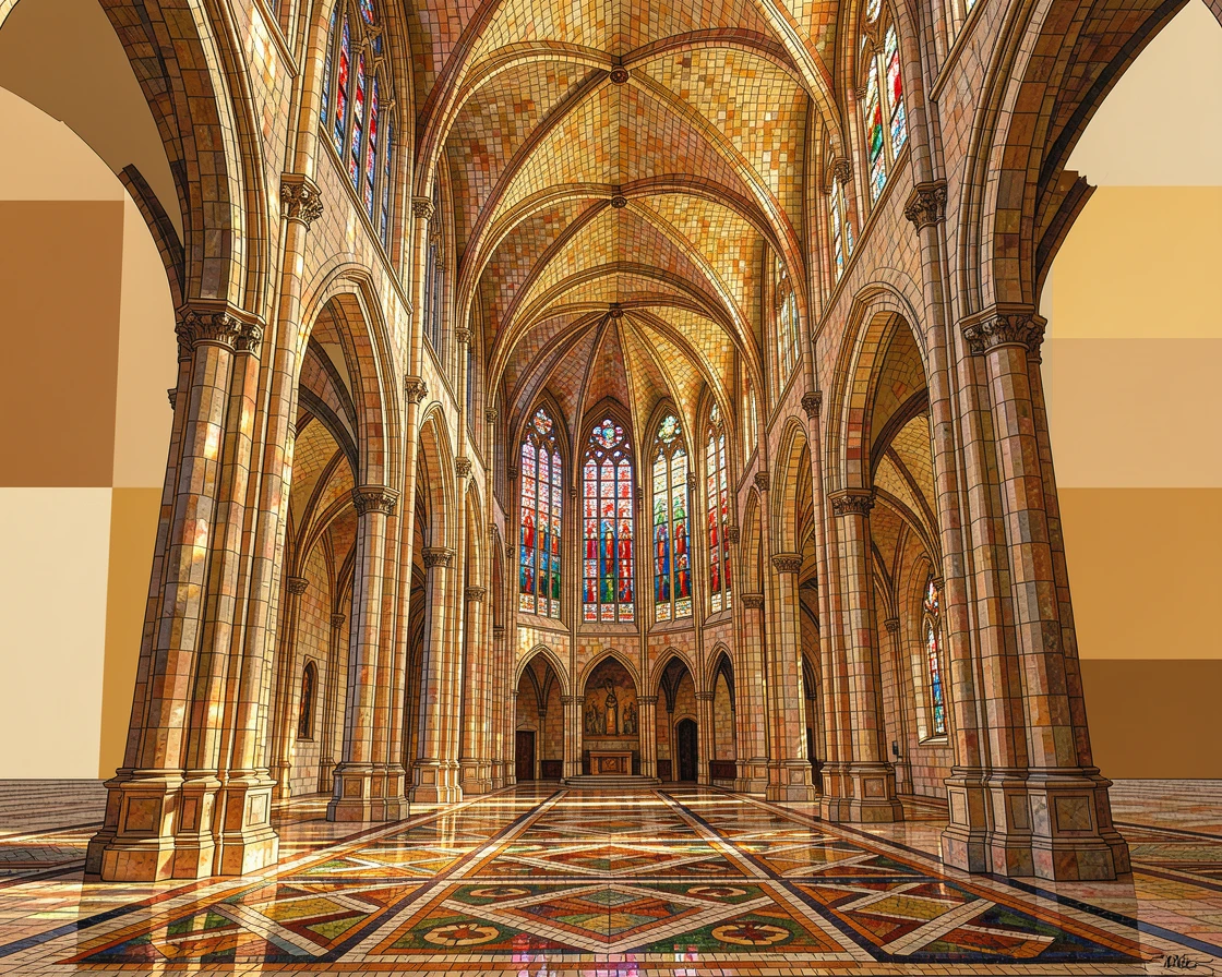 A breathtaking wide-angle view of a grand cathedral interior with light streaming through stained glass, with rich warm lighting and fine architectural detail.