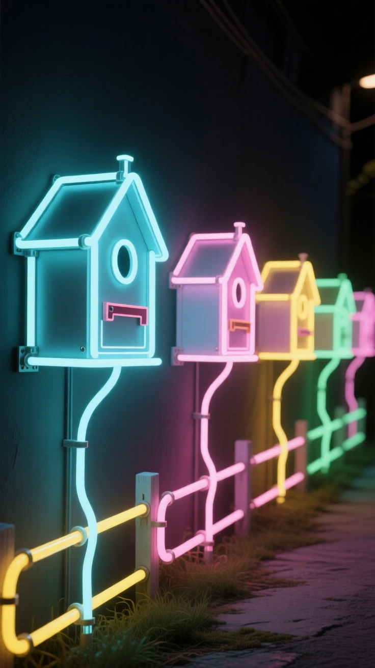 A row of mailboxes shaped like tiny birdhouses along a country lane.