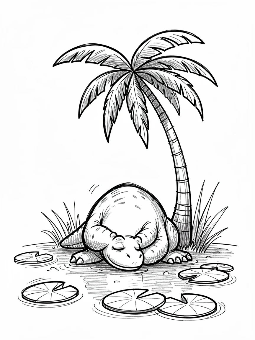 A dinosaur napping under a palm tree in a swamp filled with lily pads.